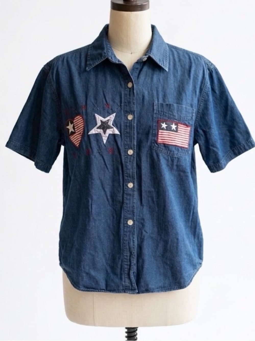 Vintage Patriotic Embroidered Denim Button Up Shirt July 4 Grandmacore Festival